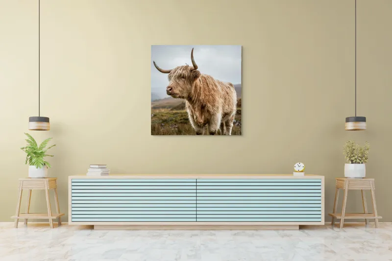 Tablou Canvas, "Boul pășește în peisajul nordic", Păr, Coarne, Plante, Nori, Peisaj, Cer, Verde, Animal, 100 x 100 cm – poza 5