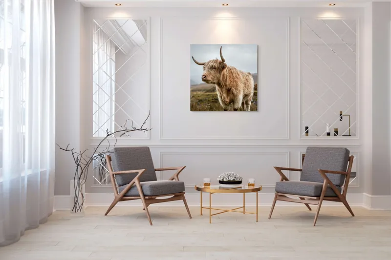 Tablou Canvas, "Boul pășește în peisajul nordic", Păr, Coarne, Plante, Nori, Peisaj, Cer, Verde, Animal, 100 x 100 cm – poza 7