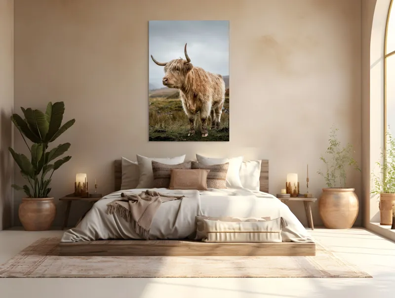 Tablou Canvas, "Boul pășește în peisajul nordic", Păr, Coarne, Plante, Nori, Peisaj, Cer, Verde, Animal, 100 x 150 cm – poza 3