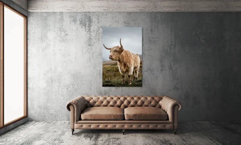 Tablou Canvas, "Boul pășește în peisajul nordic", Păr, Coarne, Plante, Nori, Peisaj, Cer, Verde, Animal, 100 x 150 cm – poza 6