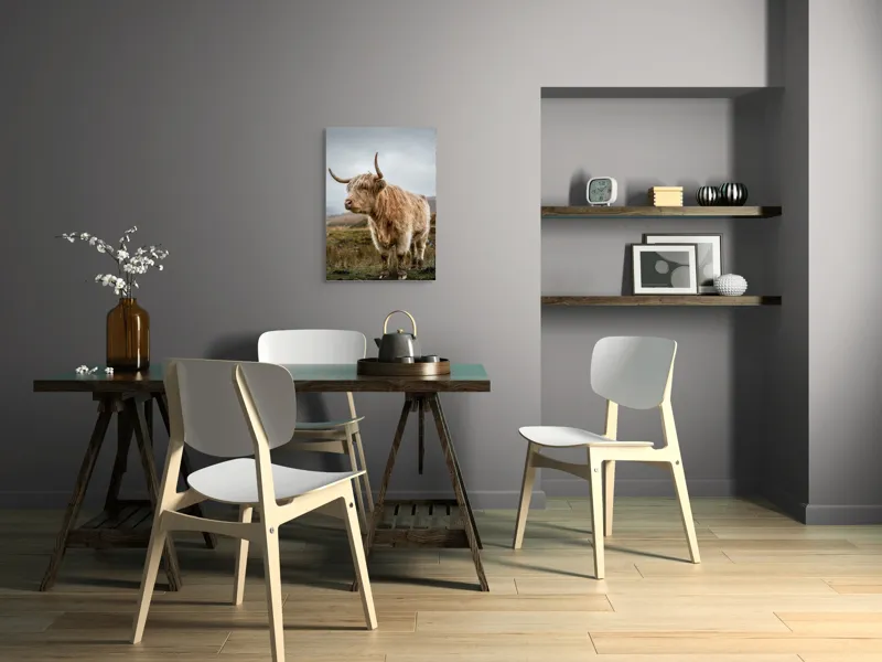 Tablou Canvas, "Boul pășește în peisajul nordic", Păr, Coarne, Plante, Nori, Peisaj, Cer, Verde, Animal, 50 x 70 cm – poza 5