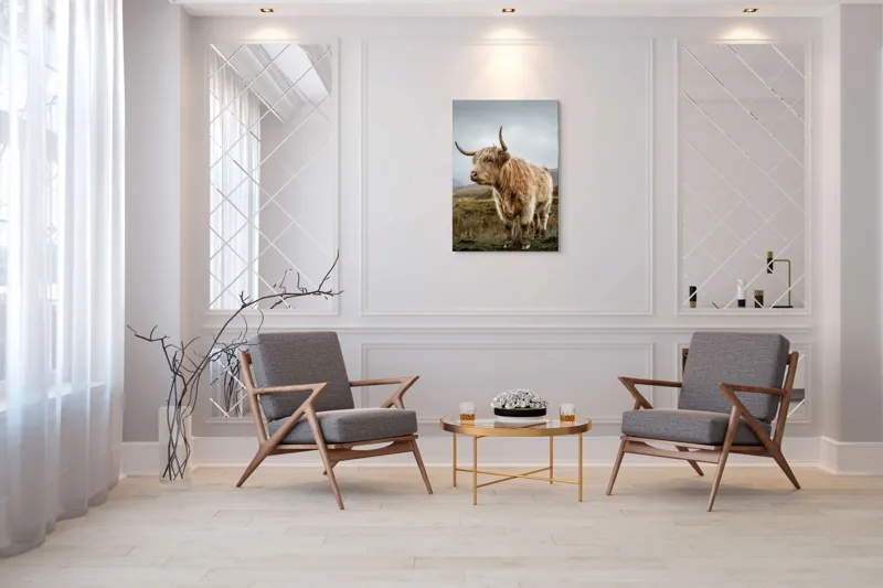 Tablou Canvas, "Boul pășește în peisajul nordic", Păr, Coarne, Plante, Nori, Peisaj, Cer, Verde, Animal, 70 x 100 cm – poza 8