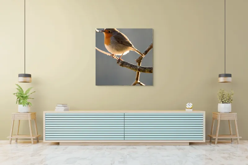 Tablou Canvas, "Măiestria micuțului cântăreț pe creangă.", Pasăre, Ramură, Lumină, Pene, Portocaliu, Vedere, Natură, Blândețe, 100 x 100 cm – poza 5