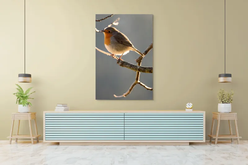 Tablou Canvas, "Măiestria micuțului cântăreț pe creangă.", Pasăre, Ramură, Lumină, Pene, Portocaliu, Vedere, Natură, Blândețe, 100 x 150 cm – poza 4