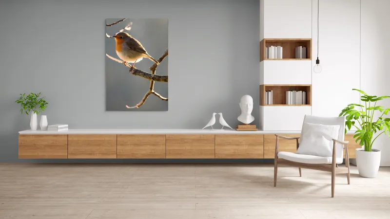 Tablou Canvas, "Măiestria micuțului cântăreț pe creangă.", Pasăre, Ramură, Lumină, Pene, Portocaliu, Vedere, Natură, Blândețe, 100 x 150 cm – poza 8