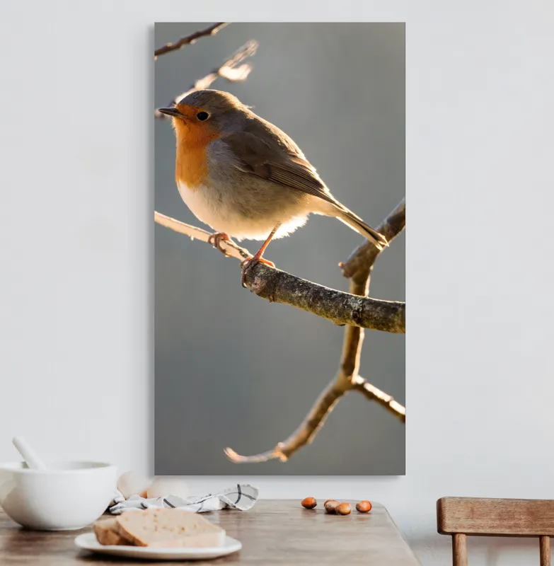 Tablou Canvas, "Măiestria micuțului cântăreț pe creangă.", Pasăre, Ramură, Lumină, Pene, Portocaliu, Vedere, Natură, Blândețe, 50 x 90 cm – poza 3