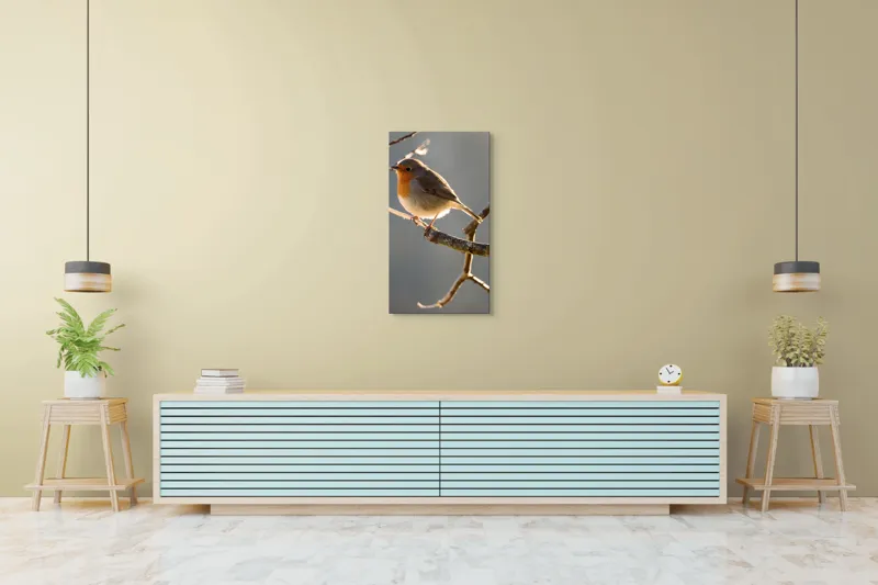 Tablou Canvas, "Măiestria micuțului cântăreț pe creangă.", Pasăre, Ramură, Lumină, Pene, Portocaliu, Vedere, Natură, Blândețe, 50 x 90 cm – poza 6