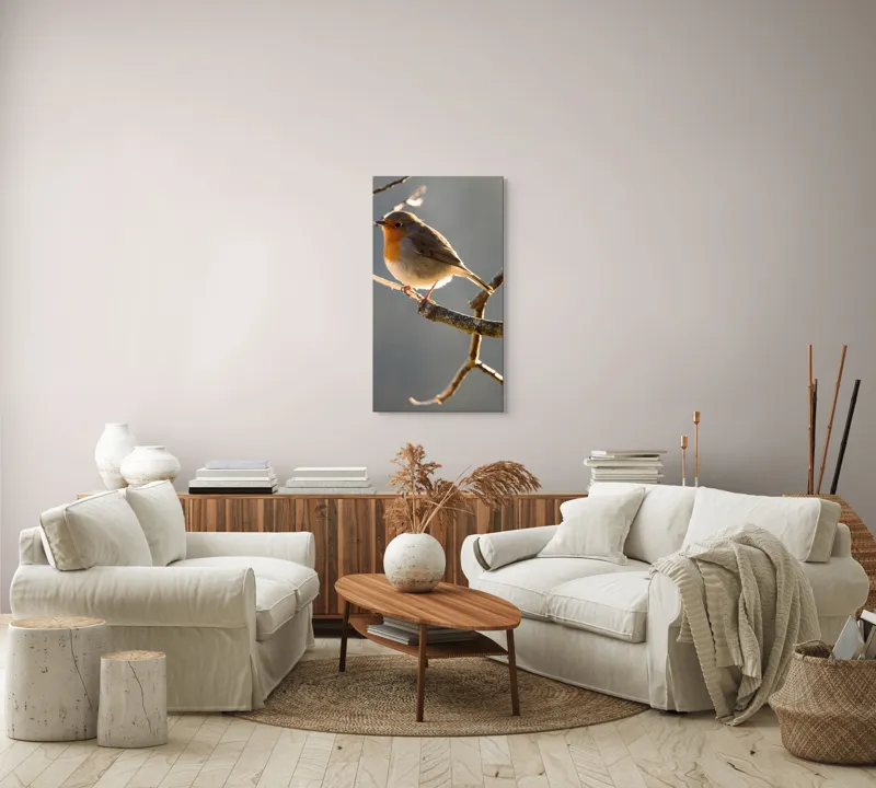 Tablou Canvas, "Măiestria micuțului cântăreț pe creangă.", Pasăre, Ramură, Lumină, Pene, Portocaliu, Vedere, Natură, Blândețe, 50 x 90 cm – poza 7
