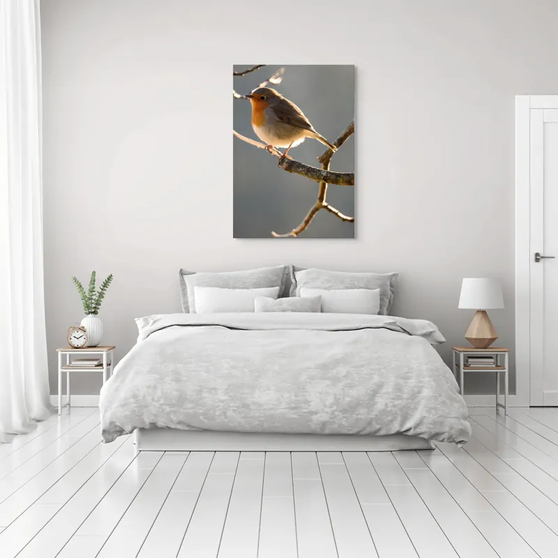 Tablou Canvas, "Măiestria micuțului cântăreț pe creangă.", Pasăre, Ramură, Lumină, Pene, Portocaliu, Vedere, Natură, Blândețe, 70 x 100 cm – poza 3