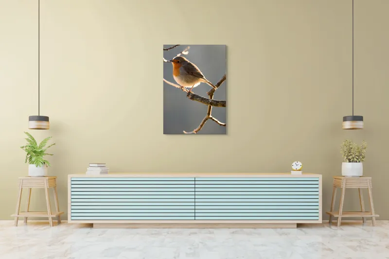 Tablou Canvas, "Măiestria micuțului cântăreț pe creangă.", Pasăre, Ramură, Lumină, Pene, Portocaliu, Vedere, Natură, Blândețe, 70 x 100 cm – poza 5