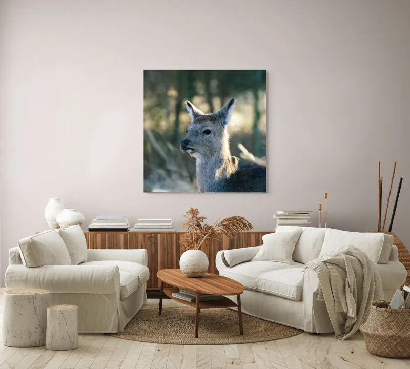 Tablou Canvas, "Misterul pădurii de iarnă", Iepure, Pădure, Lumină, Blană, Natură, Eleganță, Calm, Animal, Privire, Calmitate, 100 x 100 cm – poza 3
