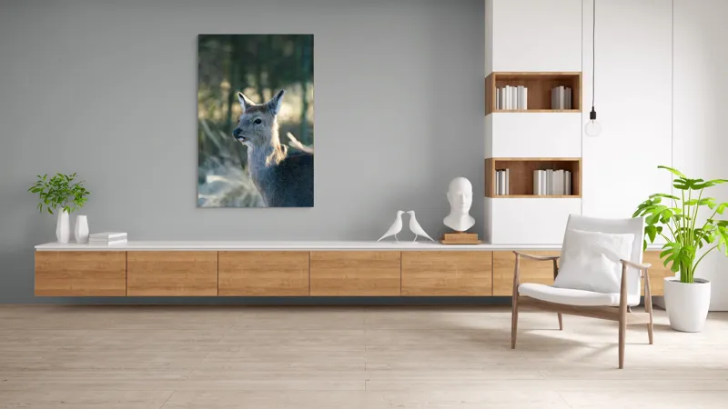 Tablou Canvas, "Misterul pădurii de iarnă", Iepure, Pădure, Lumină, Blană, Natură, Eleganță, Calm, Animal, Privire, Calmitate, 100 x 150 cm – poza 8