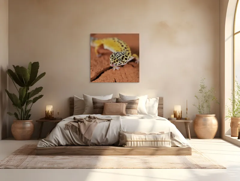 Tablou Canvas, "Șopârla printre fisuri aride pământii", Gekko, Piele, Pete, Repede, Pământ, Fracturi, Ochi, Galben, Negru, Textură, 100 x 100 cm – poza 4