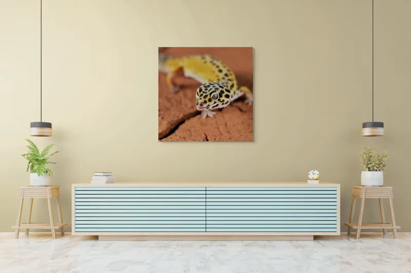 Tablou Canvas, "Șopârla printre fisuri aride pământii", Gekko, Piele, Pete, Repede, Pământ, Fracturi, Ochi, Galben, Negru, Textură, 100 x 100 cm – poza 5
