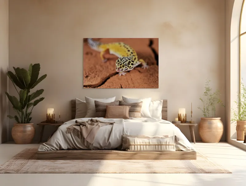 Tablou Canvas, "Șopârla printre fisuri aride pământii", Gekko, Piele, Pete, Repede, Pământ, Fracturi, Ochi, Galben, Negru, Textură, 150 x 100 cm – poza 4