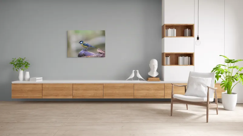 Tablou Canvas, "Pițigoiul curios pe ramura pădurii", Pasăre, Ramură, Colorată, Natură, Detaliu, Aripi, Pene, Frumusețe, Echilibru, Măiestrie, 100 x 70 cm – poza 6