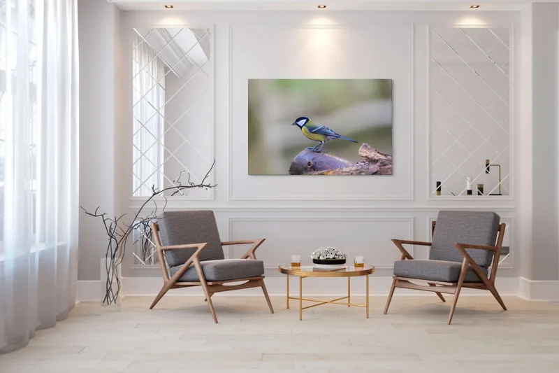 Tablou Canvas, "Pițigoiul curios pe ramura pădurii", Pasăre, Ramură, Colorată, Natură, Detaliu, Aripi, Pene, Frumusețe, Echilibru, Măiestrie, 150 x 100 cm – poza 7