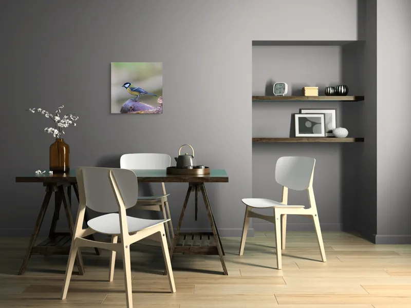 Tablou Canvas, "Pițigoiul curios pe ramura pădurii", Pasăre, Ramură, Colorată, Natură, Detaliu, Aripi, Pene, Frumusețe, Echilibru, Măiestrie, 50 x 50 cm – poza 8
