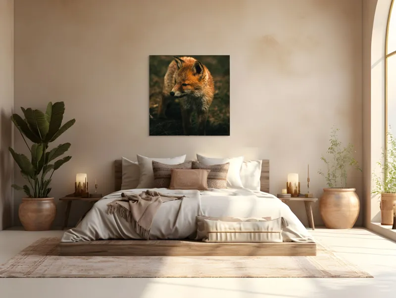 Tablou Canvas, "Vulpe în lumina înserării pe câmpie", Vulpe, Blană, Curiozitate, Pajiște, Natură, Sălbăticie, Prudență, Agilitate, Eleganță, Observare, 100 x 100 cm – poza 4