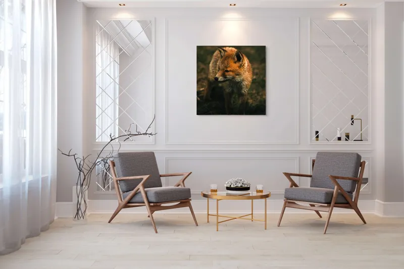 Tablou Canvas, "Vulpe în lumina înserării pe câmpie", Vulpe, Blană, Curiozitate, Pajiște, Natură, Sălbăticie, Prudență, Agilitate, Eleganță, Observare, 100 x 100 cm – poza 7