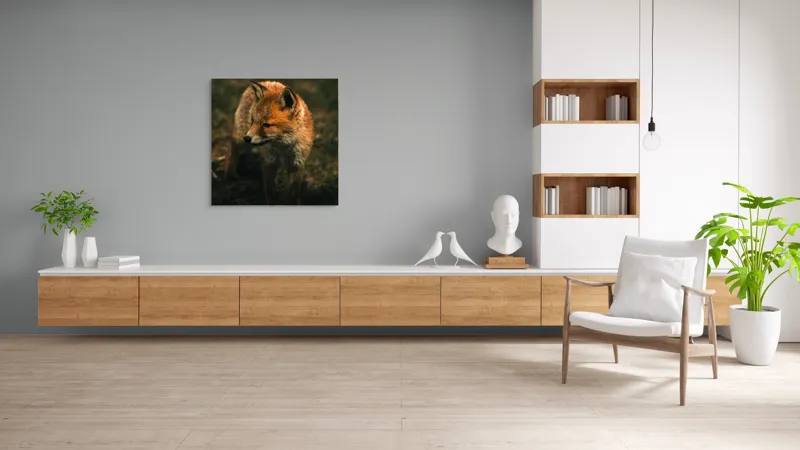Tablou Canvas, "Vulpe în lumina înserării pe câmpie", Vulpe, Blană, Curiozitate, Pajiște, Natură, Sălbăticie, Prudență, Agilitate, Eleganță, Observare, 100 x 100 cm – poza 8