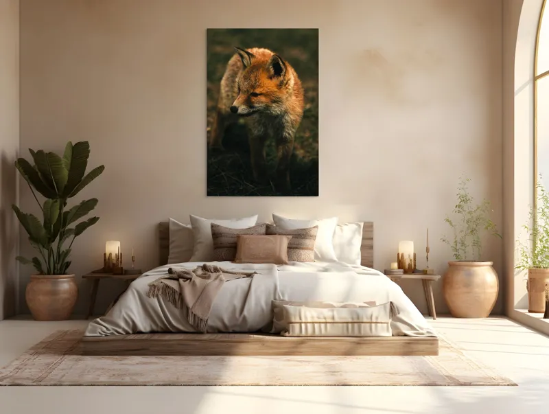 Tablou Canvas, "Vulpe în lumina înserării pe câmpie", Vulpe, Blană, Curiozitate, Pajiște, Natură, Sălbăticie, Prudență, Agilitate, Eleganță, Observare, 100 x 150 cm – poza 3