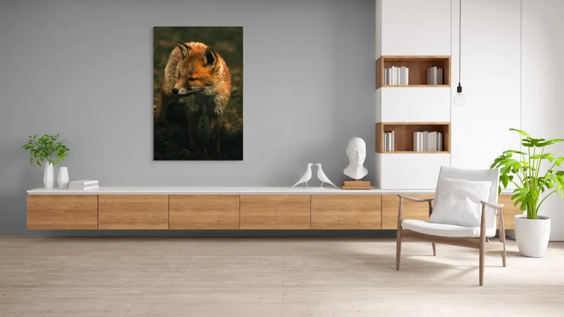 Tablou Canvas, "Vulpe în lumina înserării pe câmpie", Vulpe, Blană, Curiozitate, Pajiște, Natură, Sălbăticie, Prudență, Agilitate, Eleganță, Observare, 100 x 150 cm – poza 8