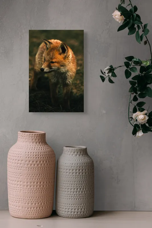 Tablou Canvas, "Vulpe în lumina înserării pe câmpie", Vulpe, Blană, Curiozitate, Pajiște, Natură, Sălbăticie, Prudență, Agilitate, Eleganță, Observare, 26 x 39 cm – poza 6
