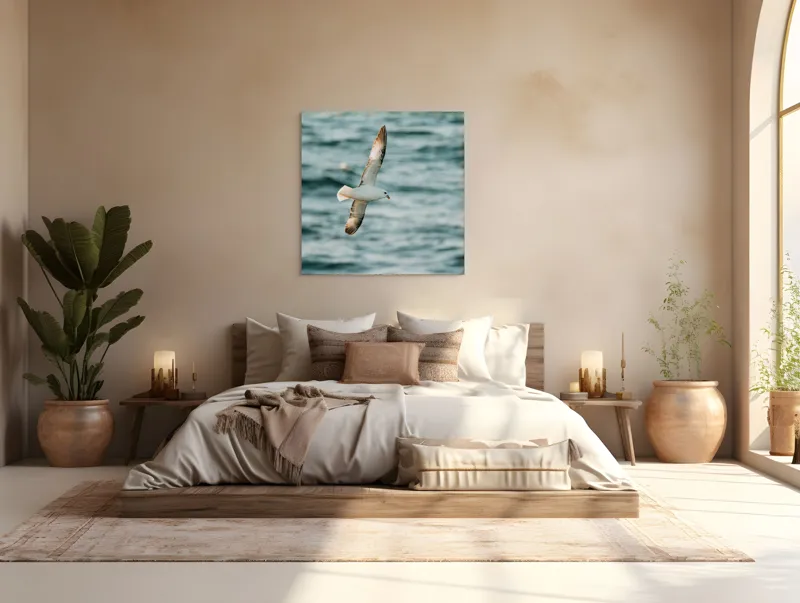 Tablou Canvas, "Zborul liniștit al pescărușului", Pasăre, Zbor, Ocean, Libertate, Aripi, Natură, Cer, Peisaj, Viață, Liniște, 100 x 100 cm – poza 4