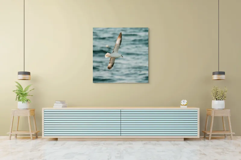 Tablou Canvas, "Zborul liniștit al pescărușului", Pasăre, Zbor, Ocean, Libertate, Aripi, Natură, Cer, Peisaj, Viață, Liniște, 100 x 100 cm – poza 5