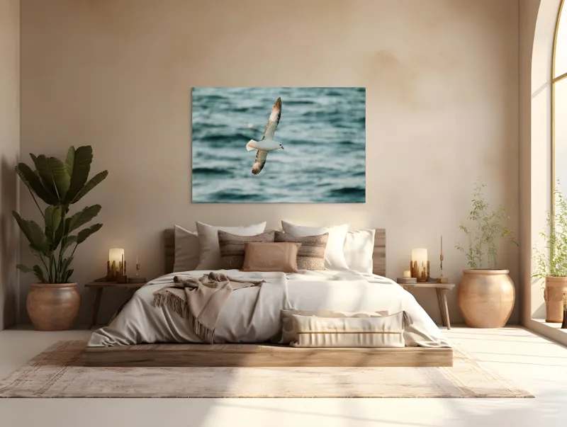 Tablou Canvas, "Zborul liniștit al pescărușului", Pasăre, Zbor, Ocean, Libertate, Aripi, Natură, Cer, Peisaj, Viață, Liniște, 150 x 100 cm – poza 4