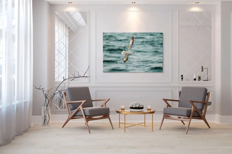Tablou Canvas, "Zborul liniștit al pescărușului", Pasăre, Zbor, Ocean, Libertate, Aripi, Natură, Cer, Peisaj, Viață, Liniște, 150 x 100 cm – poza 7