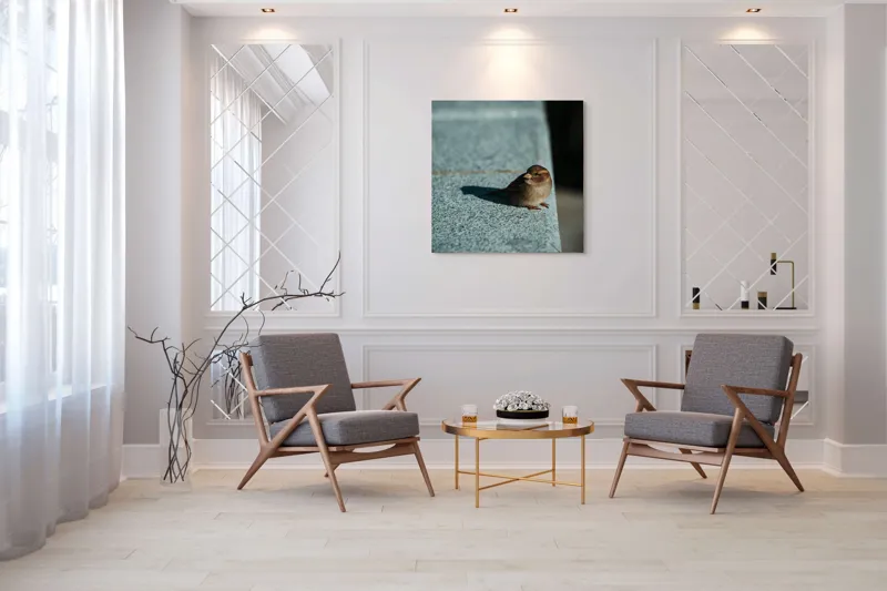 Tablou Canvas, "Vrăbiuța pe marginea zidului gri", Pasăre, Umbra, Piatră, Lumina, Privire, Fragilitate, Singurătate, 100 x 100 cm – poza 7