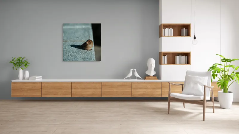 Tablou Canvas, "Vrăbiuța pe marginea zidului gri", Pasăre, Umbra, Piatră, Lumina, Privire, Fragilitate, Singurătate, 100 x 100 cm – poza 8