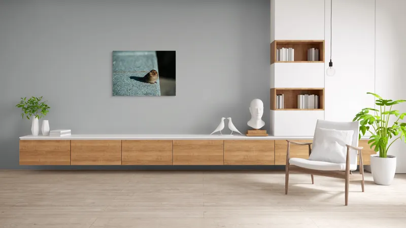 Tablou Canvas, "Vrăbiuța pe marginea zidului gri", Pasăre, Umbra, Piatră, Lumina, Privire, Fragilitate, Singurătate, 100 x 70 cm – poza 6