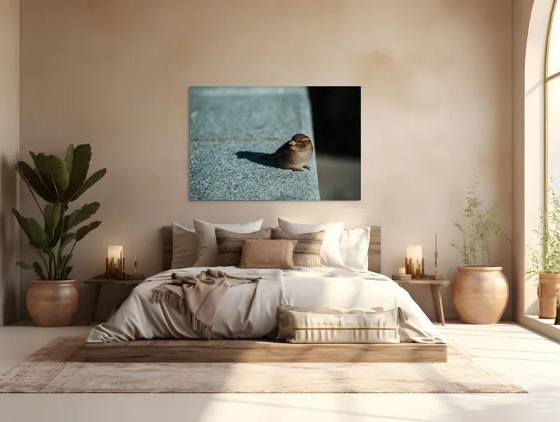 Tablou Canvas, "Vrăbiuța pe marginea zidului gri", Pasăre, Umbra, Piatră, Lumina, Privire, Fragilitate, Singurătate, 150 x 100 cm – poza 4