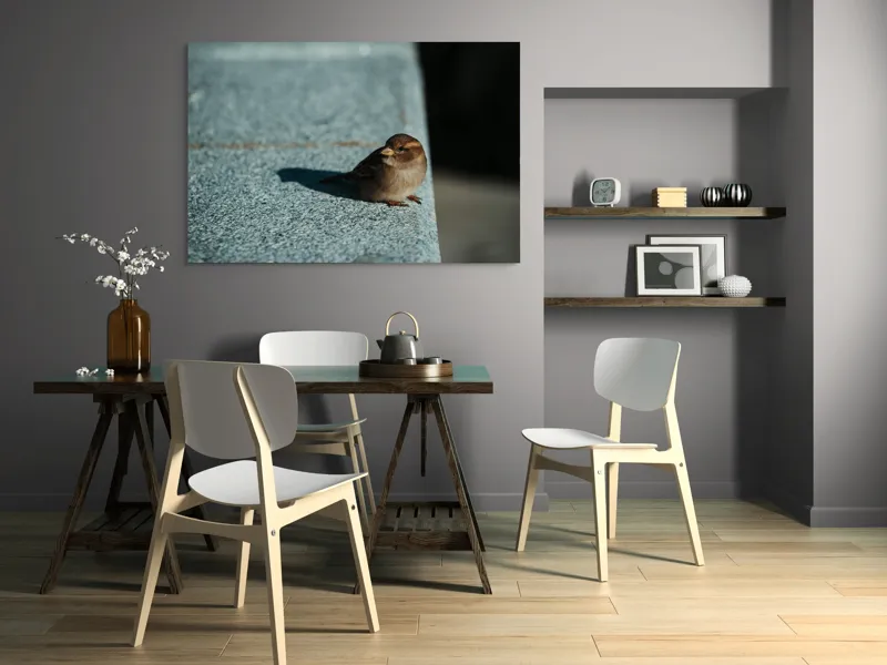 Tablou Canvas, "Vrăbiuța pe marginea zidului gri", Pasăre, Umbra, Piatră, Lumina, Privire, Fragilitate, Singurătate, 150 x 100 cm – poza 5