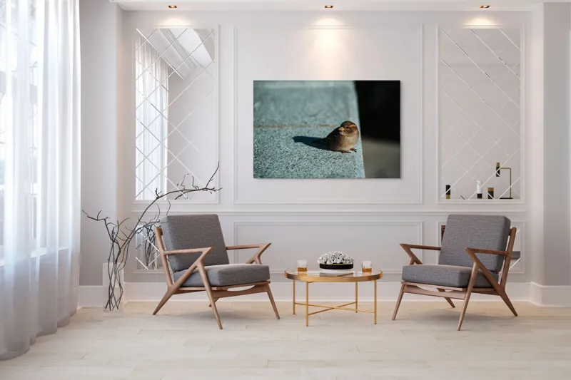 Tablou Canvas, "Vrăbiuța pe marginea zidului gri", Pasăre, Umbra, Piatră, Lumina, Privire, Fragilitate, Singurătate, 150 x 100 cm – poza 7