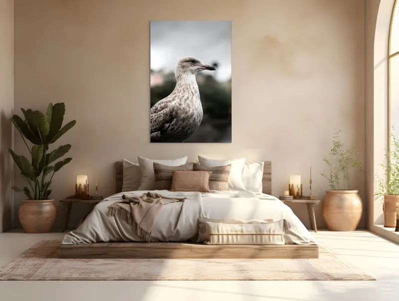 Tablou Canvas, "Pescărușul solitar sub cer înnorat", Pene, Curiozitate, Cer, Natură, Grijă, 100 x 150 cm – poza 3