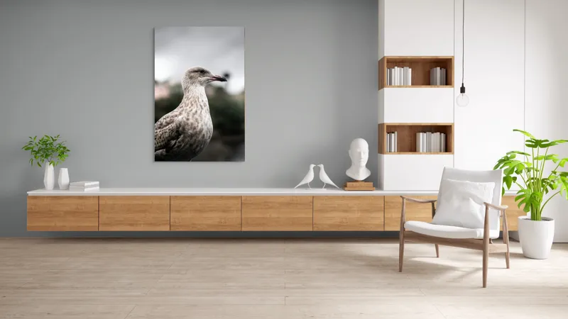 Tablou Canvas, "Pescărușul solitar sub cer înnorat", Pene, Curiozitate, Cer, Natură, Grijă, 100 x 150 cm – poza 8