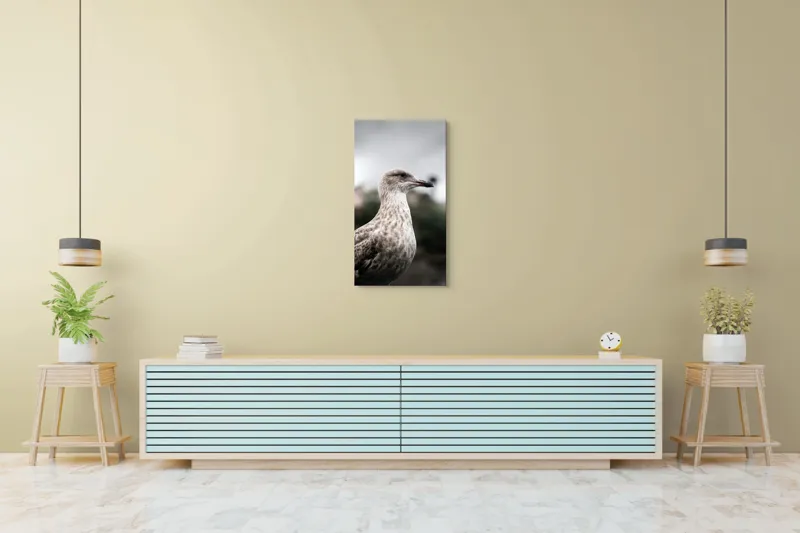Tablou Canvas, "Pescărușul solitar sub cer înnorat", Pene, Curiozitate, Cer, Natură, Grijă, 50 x 90 cm – poza 6