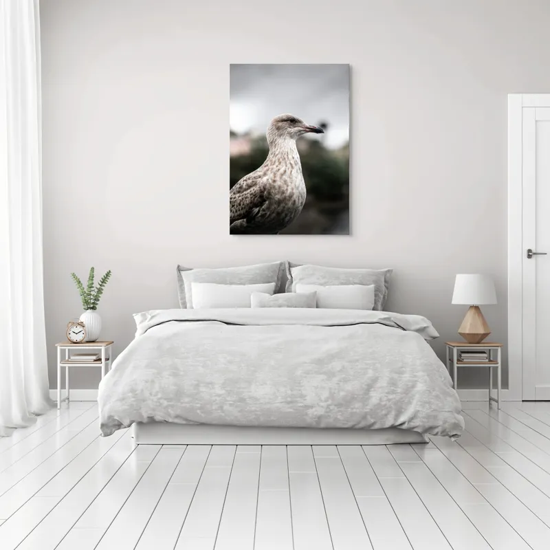 Tablou Canvas, "Pescărușul solitar sub cer înnorat", Pene, Curiozitate, Cer, Natură, Grijă, 70 x 100 cm – poza 3