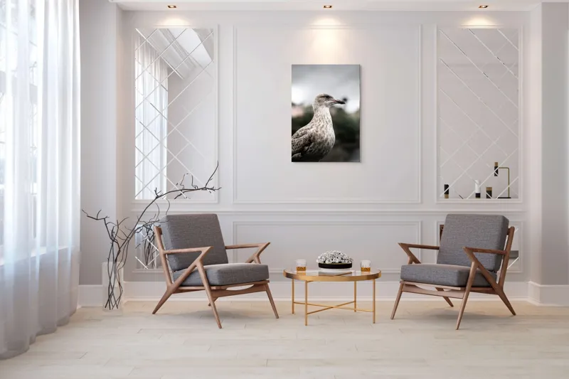 Tablou Canvas, "Pescărușul solitar sub cer înnorat", Pene, Curiozitate, Cer, Natură, Grijă, 70 x 100 cm – poza 8