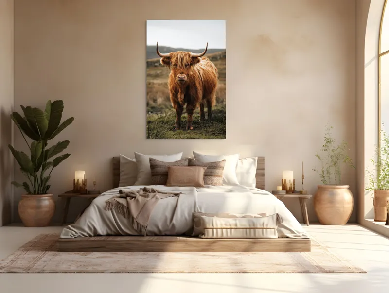 Tablou Canvas, "Boul în ceață pe coline verzi", Vaci, Dealuri, Blană, Coarne, Pășune, Natură, Cer, Animale, Peisaj, Rurale, 100 x 150 cm – poza 3