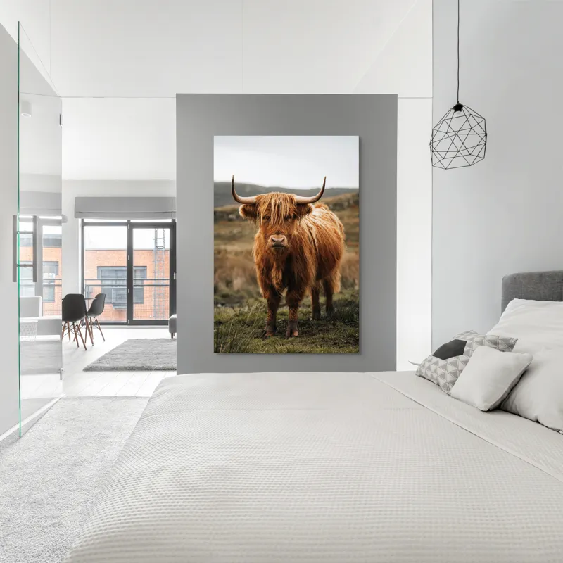 Tablou Canvas, "Boul în ceață pe coline verzi", Vaci, Dealuri, Blană, Coarne, Pășune, Natură, Cer, Animale, Peisaj, Rurale, 100 x 150 cm – poza 5