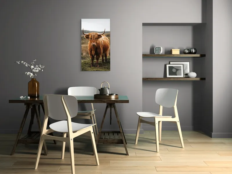 Tablou Canvas, "Boul în ceață pe coline verzi", Vaci, Dealuri, Blană, Coarne, Pășune, Natură, Cer, Animale, Peisaj, Rurale, 50 x 90 cm – poza 4