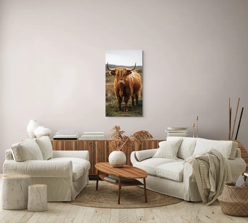 Tablou Canvas, "Boul în ceață pe coline verzi", Vaci, Dealuri, Blană, Coarne, Pășune, Natură, Cer, Animale, Peisaj, Rurale, 50 x 90 cm – poza 7