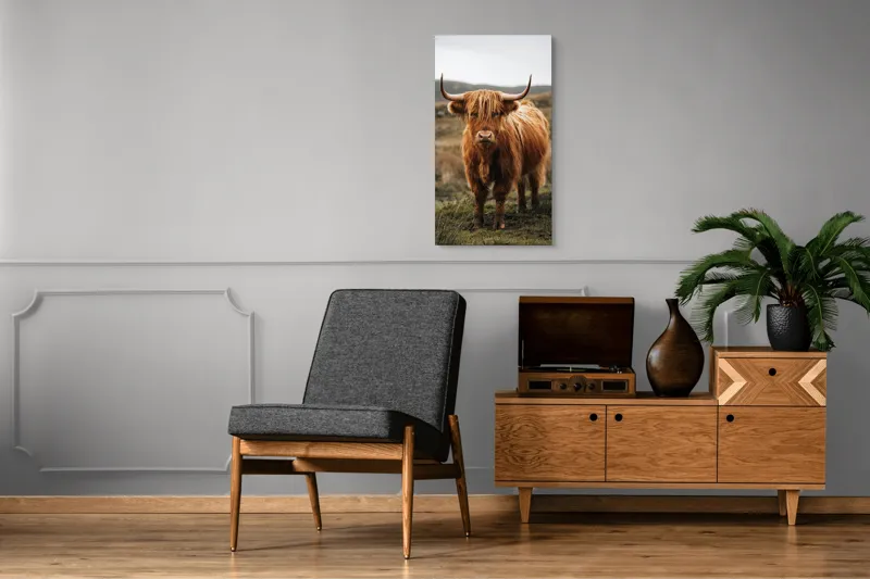 Tablou Canvas, "Boul în ceață pe coline verzi", Vaci, Dealuri, Blană, Coarne, Pășune, Natură, Cer, Animale, Peisaj, Rurale, 50 x 90 cm – poza 8