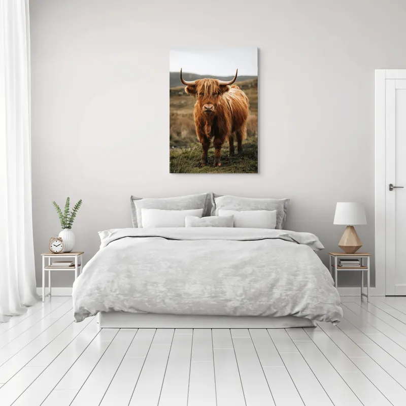 Tablou Canvas, "Boul în ceață pe coline verzi", Vaci, Dealuri, Blană, Coarne, Pășune, Natură, Cer, Animale, Peisaj, Rurale, 70 x 100 cm – poza 3