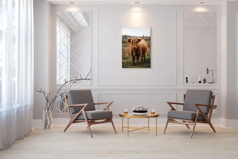 Tablou Canvas, "Boul în ceață pe coline verzi", Vaci, Dealuri, Blană, Coarne, Pășune, Natură, Cer, Animale, Peisaj, Rurale, 70 x 100 cm – poza 8